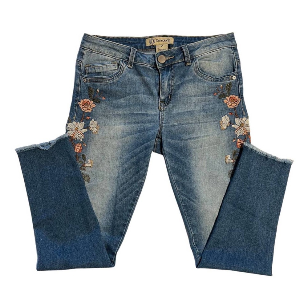 Democracy Blue and Cream Skinny Jeans with Floral Embroidery